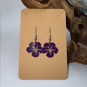 Hibiscus Flower Earrings Purple Metal Hooks